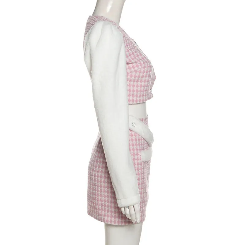 Fur band belt dew umblical round neck splicing plaid top princess sleeves high waist skirt suit kawaii pink set