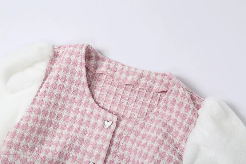 Fur band belt dew umblical round neck splicing plaid top princess sleeves high waist skirt suit kawaii pink set