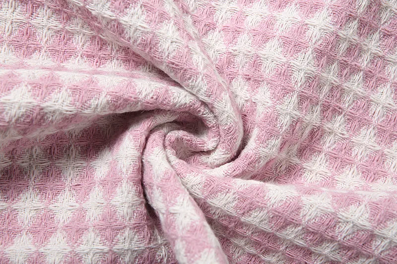 Fur band belt dew umblical round neck splicing plaid top princess sleeves high waist skirt suit kawaii pink set