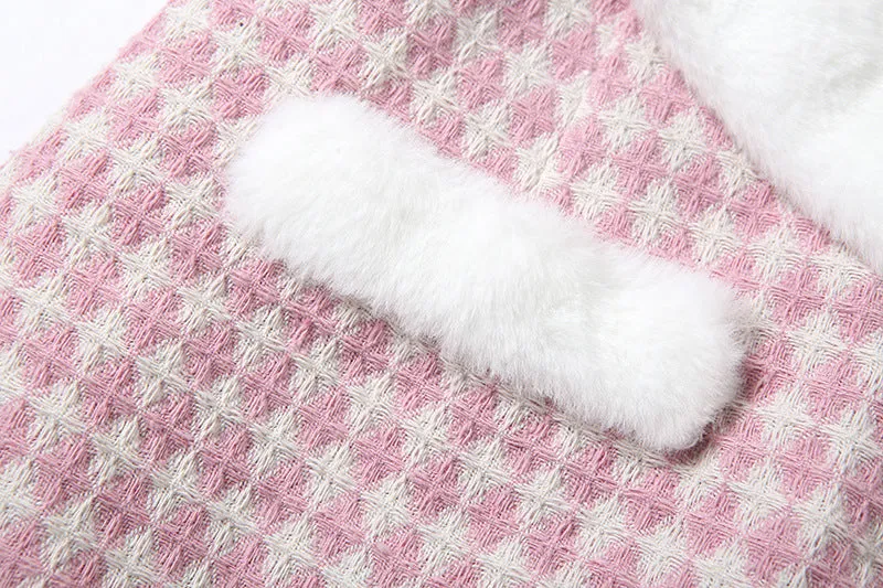Fur band belt dew umblical round neck splicing plaid top princess sleeves high waist skirt suit kawaii pink set