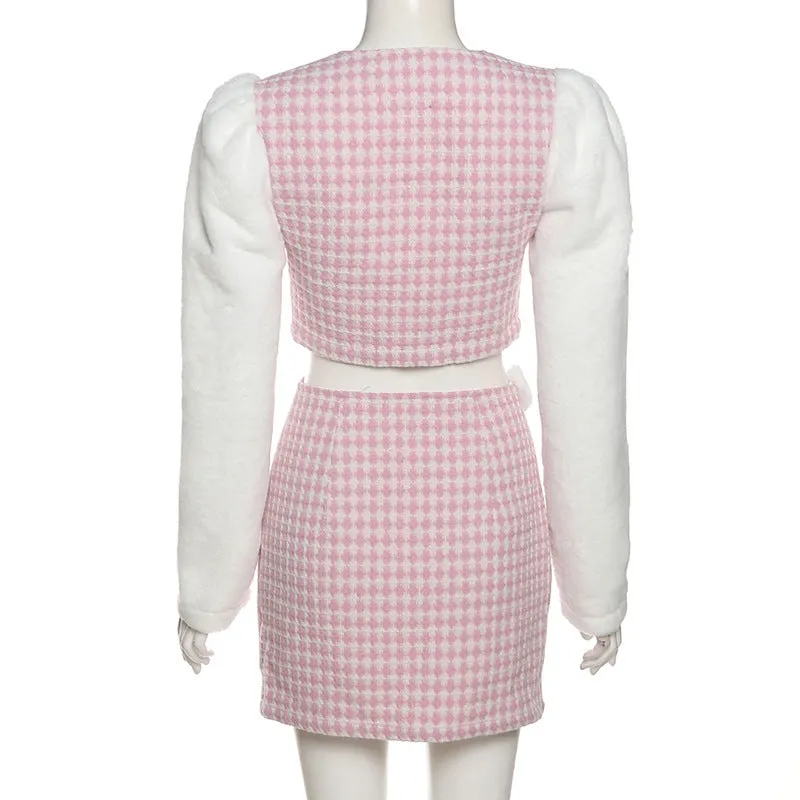 Fur band belt dew umblical round neck splicing plaid top princess sleeves high waist skirt suit kawaii pink set