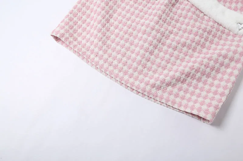 Fur band belt dew umblical round neck splicing plaid top princess sleeves high waist skirt suit kawaii pink set